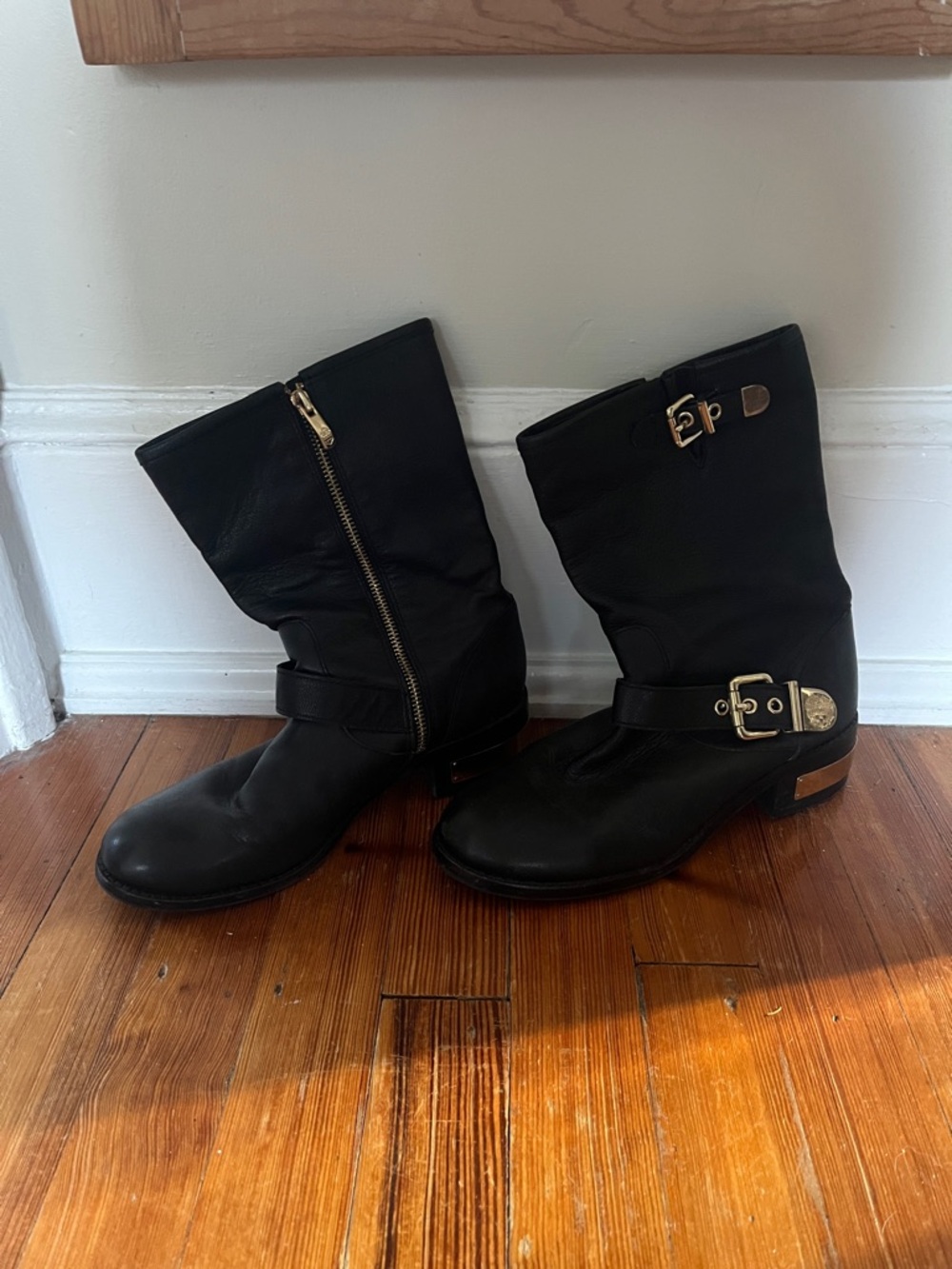 Vince Camuto Black Mid-Calf Moto Boots with Gold Hardware size 9